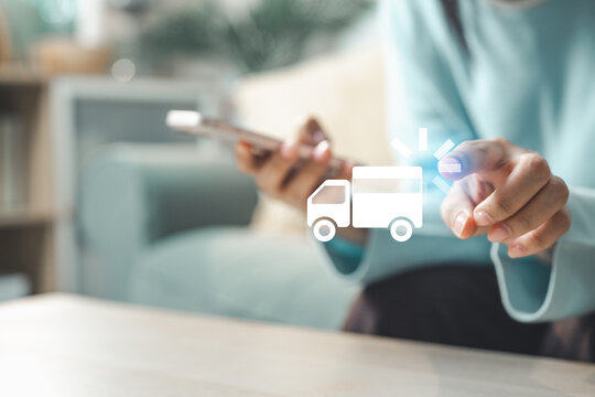 Woman using smartphone for order tracking with virtual delivery truck icon, live shipping status and logistics service.