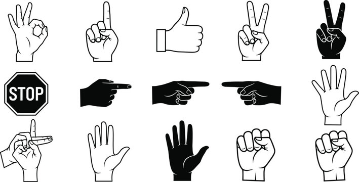 Hand Gestures and Sign Language Icons, Featuring Thumbs Up, Stop, Peace, Pointing, and Fist Symbols