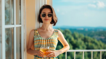 Fototapeta premium A stylish woman with sunglasses and a vibrant checkered dress stands on a sunlit balcony holding a cool beverage overlooking a beautiful natural landscape under a clear blue sky