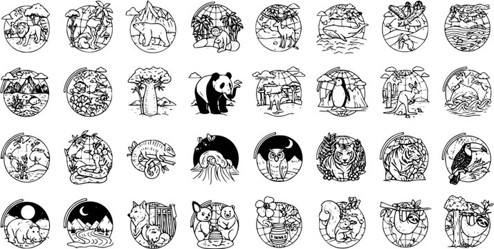 Collection of diverse animal and nature illustrations in black and white line art. Features global wildlife in their natural habitats, often within round frames.