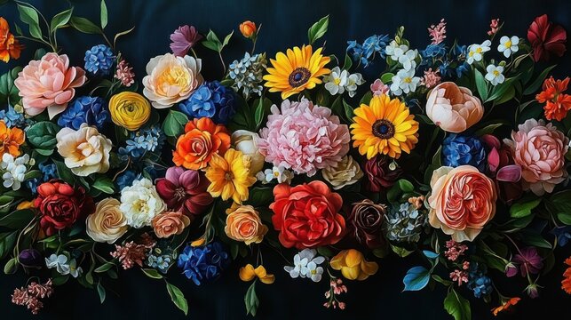 Lush horizontal bouquet of sunflowers, roses, peonies, hydrangeas and mixed blossoms with green foliage on a dark background, bright joyful and elegant