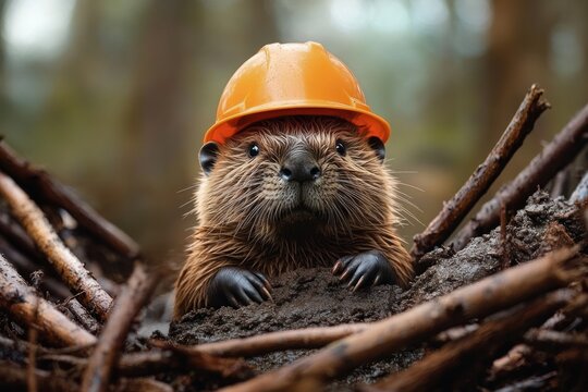 curious wet beaver wearing orange safety helmet peeking over muddy bank among sticks and roots