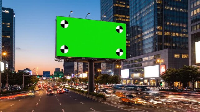 Urban billboard mockup for interactive green screen displays and green screen videos against a city nightscape with traffic