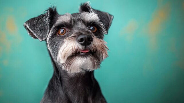 alert miniature schnauzer with white eyebrows and beard, curious brown eyes and tongue peeking out against a teal background