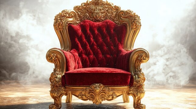ornate gilded throne armchair with deep red velvet tufted upholstery on a foggy stage evoking regal grandeur and luxurious majesty