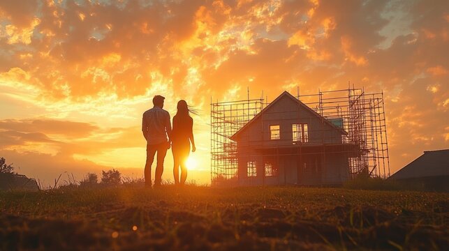 silhouetted couple holding hands walking toward a house under construction at golden sunset with dramatic orange clouds conveying hope and togetherness