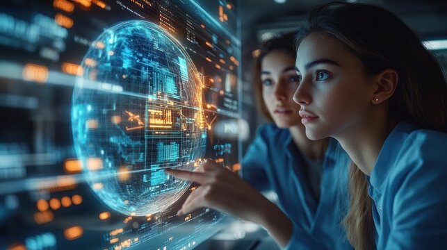 focused woman in blue shirt interacting with glowing holographic globe and layered data overlays on a transparent touchscreen, engaged and curious
