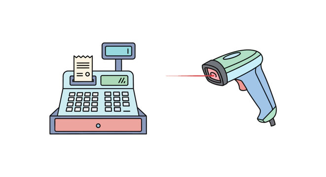 Barcode scanner and cash register machine.