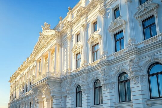 ornate neoclassical white facade with columns, sculptures and arched windows bathed in warm sunlight under a clear blue sky, evoking grandeur and elegance