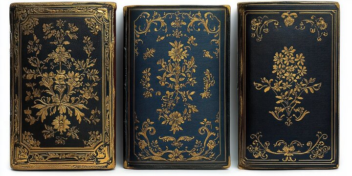 Three dark leather-bound books with intricate gold floral tooling and ornate borders, evoking vintage elegance, refined craftsmanship, and timeless nostalgia