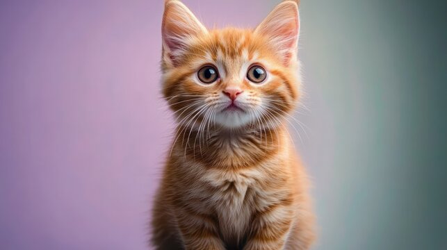 fluffy orange tabby kitten sitting against a soft pastel pink and teal background with big round eyes and long whiskers, looking curious and innocent