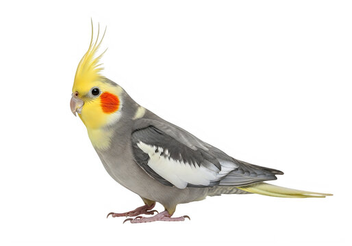 A gray and yellow cockatiel with a distinctive crest isolated on transparent background