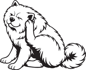 Naklejka premium Chow Chow scratching ear sitting pose black and white line art illustration