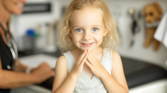 Smiling girl at pediatric clinic minimalist background
