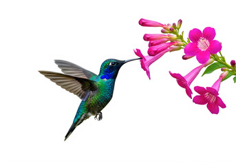 Obraz premium A hummingbird feeding from pink flowers isolated on transparent background
