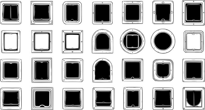 Set of various pet doors and cat flaps in a graphic line art style, featuring different shapes and opening mechanisms, perfect for pet access illustrations and designs.