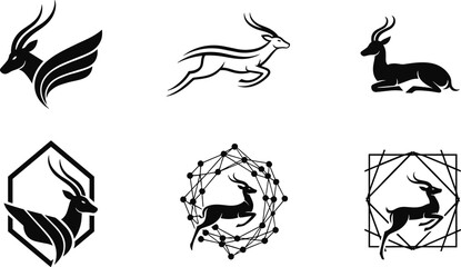 Fototapeta premium Black antelope deer logo set minimalist geometric wildlife silhouettes modern emblem branding vector icons collection abstract animal design bundle