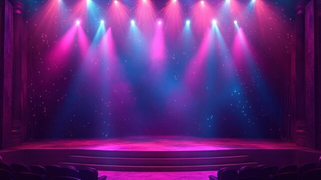 empty theater stage bathed in pink, purple and blue spotlights with starry backdrop, velvet seats and ornate columns, evoking anticipation and magical dramatic atmosphere