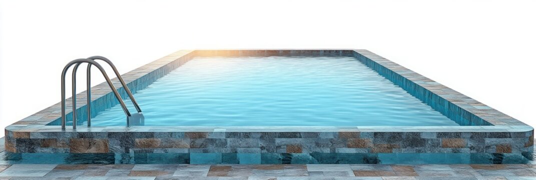rectangular tiled swimming pool with metal ladder and calm reflective blue water, sunlit inviting serene atmosphere