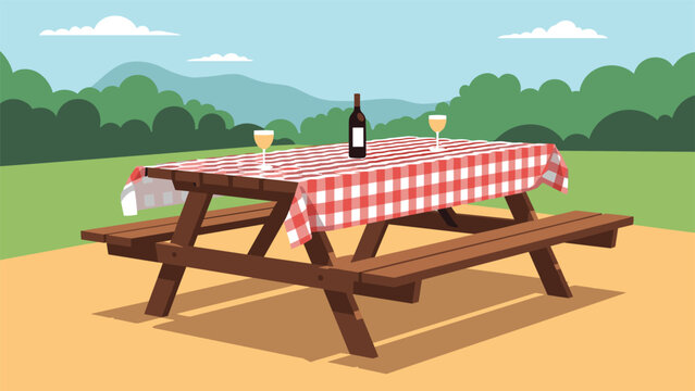 Wooden picnic table with a red checkered tablecloth set with a wine bottle and two glasses in a scenic green park landscape under blue sky.
