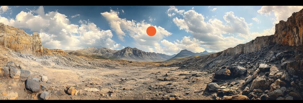 A vast rocky desert valley with jagged ridges, scattered boulders, a dramatic blue sky with clouds, and a bold orange circle in the center, evoking awe.
