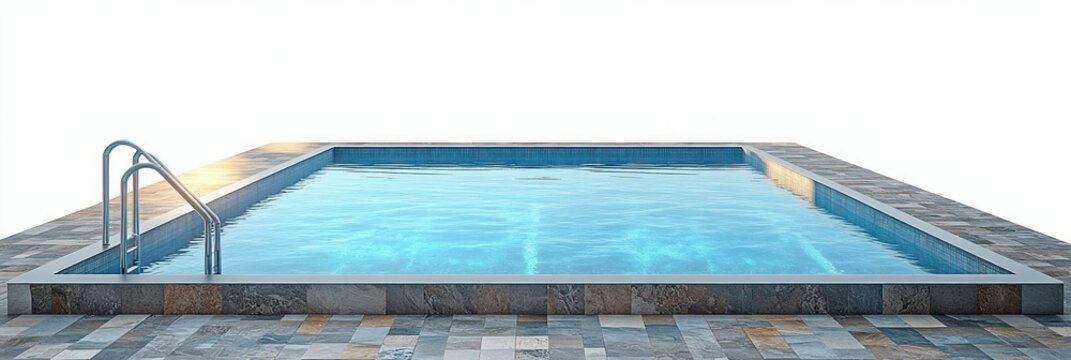 sunlit rectangular outdoor swimming pool with clear blue water, stone tile deck and metal ladder, calm and inviting atmosphere