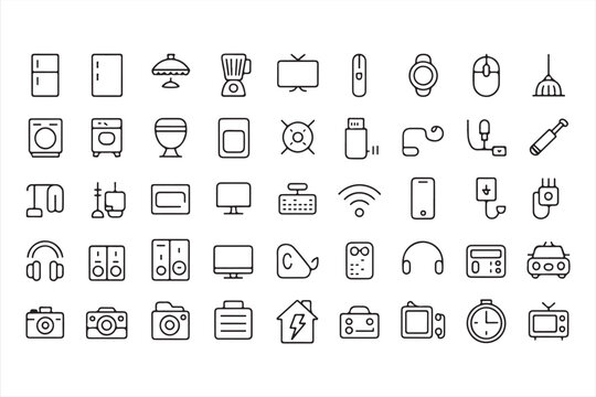 Home appliance electronics icon set with household devices and smart technology symbols