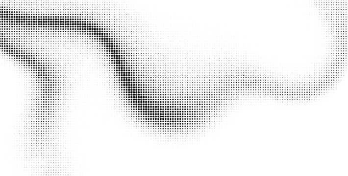 Abstract wave of black dots on white backdrop with halftone gradient dot background texture