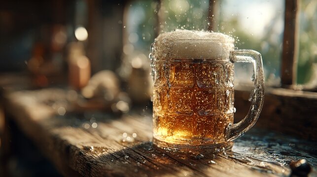 Photorealistic 1850s beer mug overflowing with frothy foam, cinematic lighting highlighting ultra-detailed texture and golden amber liquid in historical pub setting.
