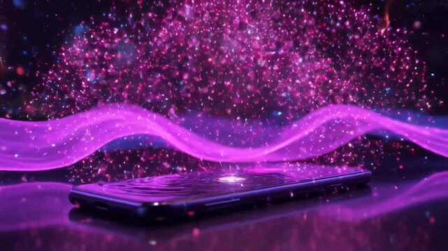 Dynamic digital particles and energy emanate from a smartphone, representing connected technology