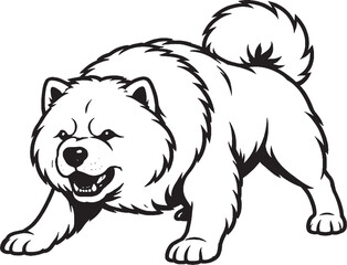 Fototapeta premium Chow Chow growling low guard stance black and white line art illustration