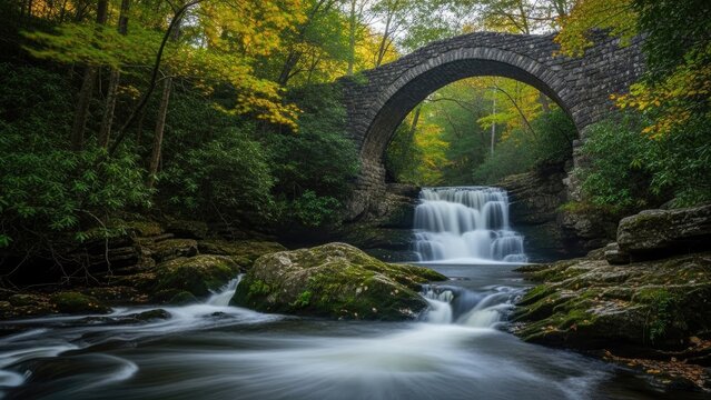 A serene waterfall flows under a historic stone bridge in a lush forest