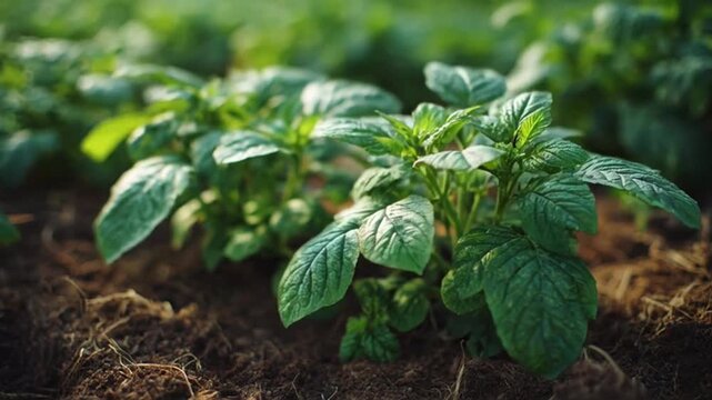 Rows of young green potato plants growing in fertile soil