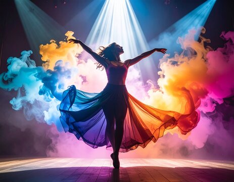 Colorful Dance Performance with Smoke and Lights Artistic Stage Scene