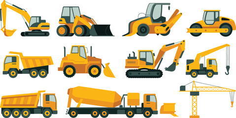 Construction heavy machinery vector illustration with excavators loaders dump trucks cranes rollers and engineering vehicles for building and industrial projects © Vector's World