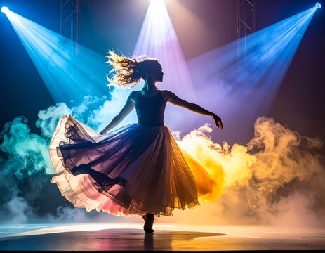 Colorful Dance Performance with Vibrant Smoke Lights Dynamic Artistic Motion