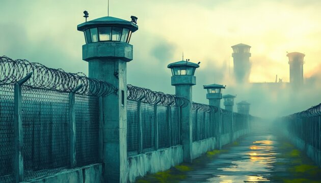 Fog-shrouded prison perimeter with concrete watchtowers, chain-link fence topped with razor wire and a rain‑slicked reflective path, evoking isolation and foreboding