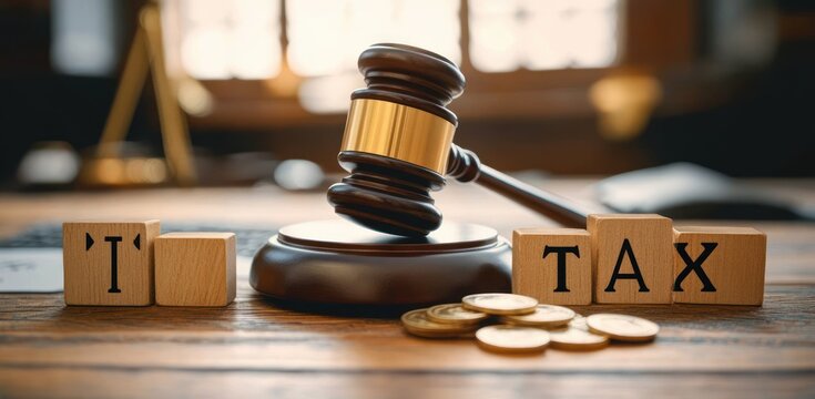 wooden judge gavel on a sounding block with wooden letter blocks spelling tax and scattered coins on a table, conveying serious legal authority and financial judgment