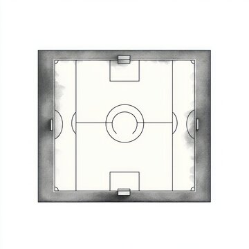 top-down minimalist sketch of a soccer field inside a textured square frame showing center circle, goal areas, sidelines and corner arcs with a calm schematic mood