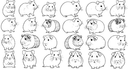 Obraz premium Hamster and Guinea Pig Mania: Black and White Vector Illustration with Multiple Poses