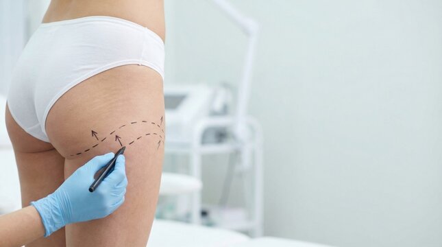 Woman wearing white underwear with surgical markings on thigh and buttock in clinical setting suggesting cosmetic body contouring consultation