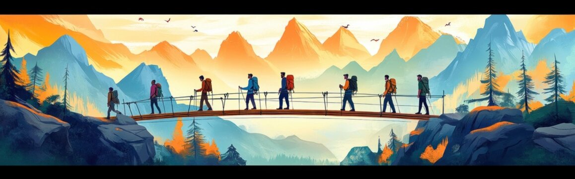 Seven backpackers crossing a narrow suspension bridge between rocky cliffs over a misty valley with pine trees and layered sunlit mountains at sunrise, evoking adventurous serenity