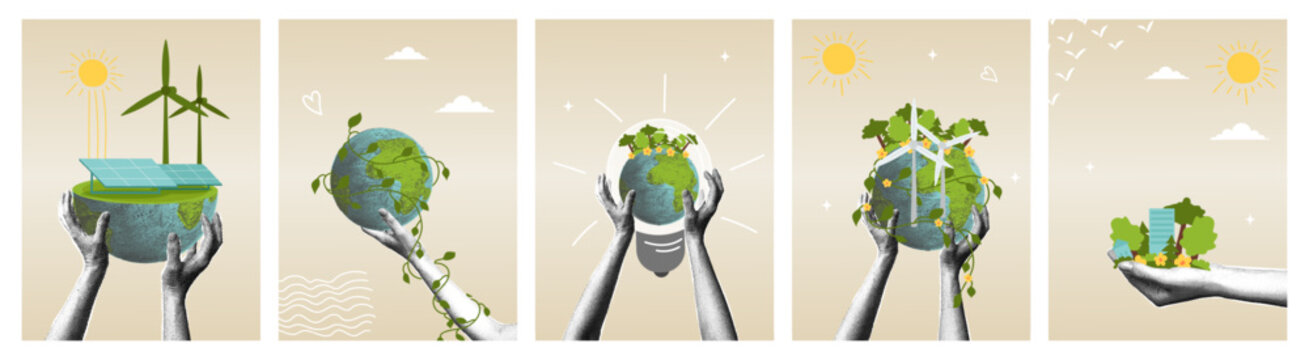 Hands holding the Earth with elements of sustainable energy and nature. Trendy halftone collage. Environmental protection and ecology conservation. Green Planet concept for an Earth Day poster or a