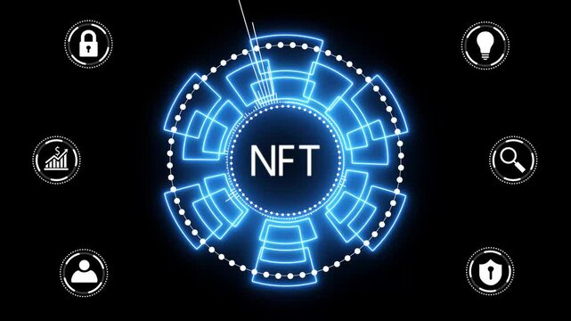NFT Non-fungible token digital crypto on virtual screen. glowing animation on black background..4K