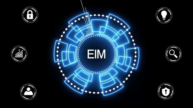 EIM Enterprise information management system. glowing animation on black background.4K