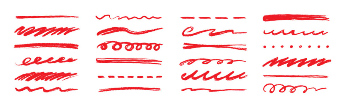 Line pencil red brush set. Line red underline brush pencil pen hand drawn stroke marker highlight.. Doodle scribble ink sketch strike through note sign texture grunge. Vector illustration