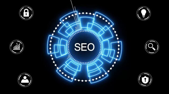 Business, Technology, Internet and network concept. SEO Search engine optimization marketing ranking. glowing animation on black background.4K