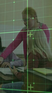 Vertical video: Student leaning, pointing, causing green grid overlay to mark notes, guiding class