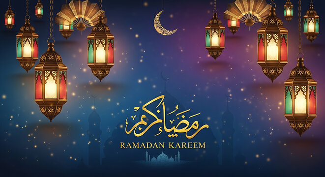 Festive golden arabic calligraphy "ramadan kareem" shines brightly with an ornate golden crescent moon and numerous sparkling stars, surrounded by beautifully detailed traditional islamic lanterns han
