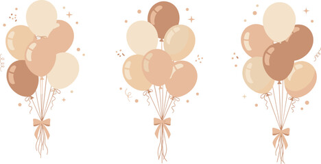 Neutral Toned Balloon Bouquet Set with Elegant Ribbons and Sparkles for Event Decorations, Party Themes, and Digital Illustrations © MdMojnu